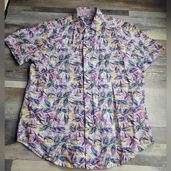 Robert Graham Rory Print Multi-Color Linen Blend Short Sleeve Button Front Large - Picture 1 of 9